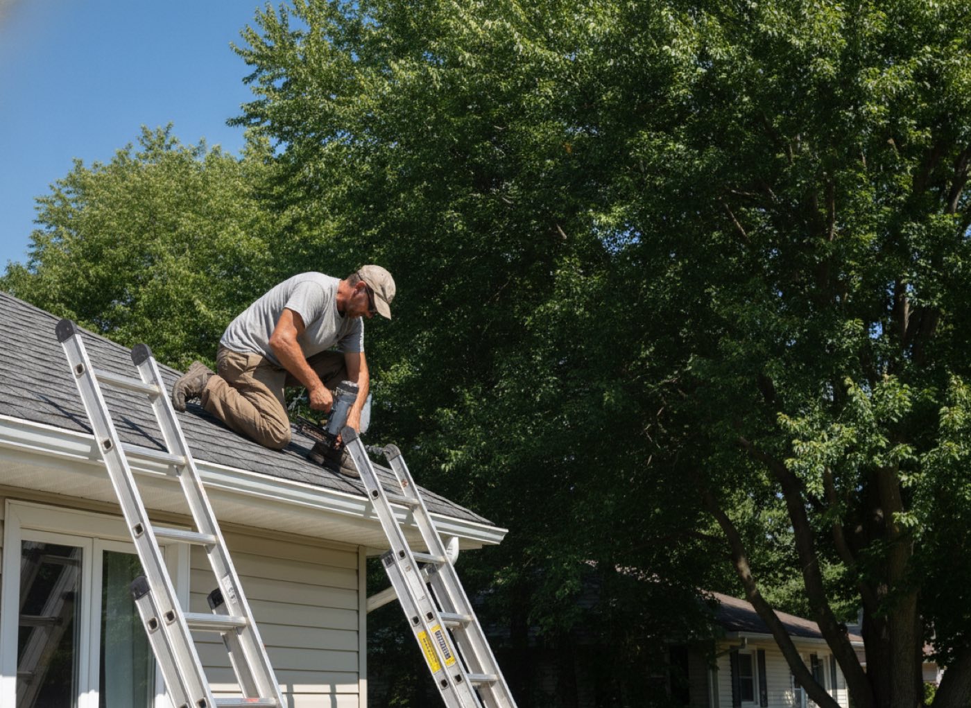 A roofer working on a shingled roof on a clear summer day, ladder against the eaves