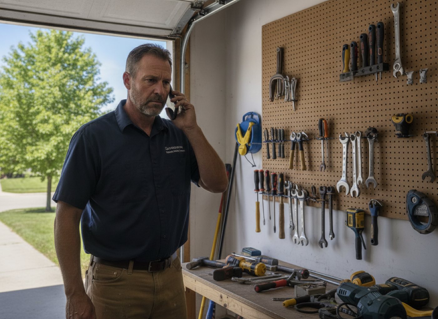 A tradesman taking a call in his garage workshop on a summer morning