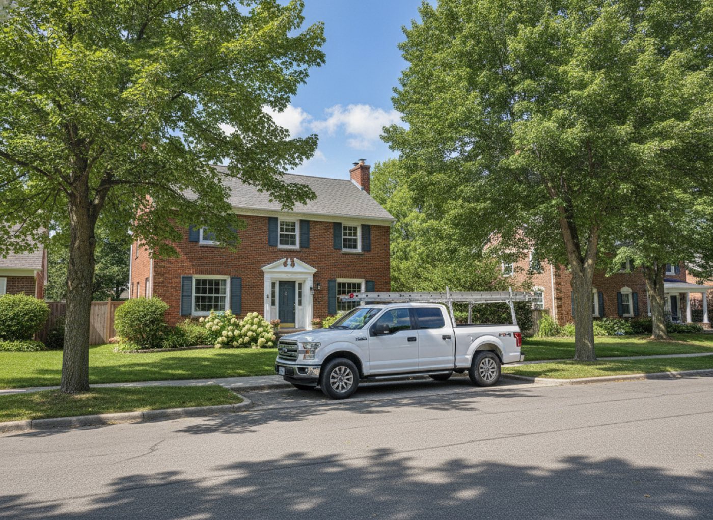 A contractor pickup truck parked on a Burlington street on a bright summer morning