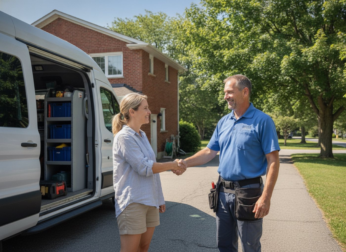 A contractor shaking hands with a homeowner beside an open work van